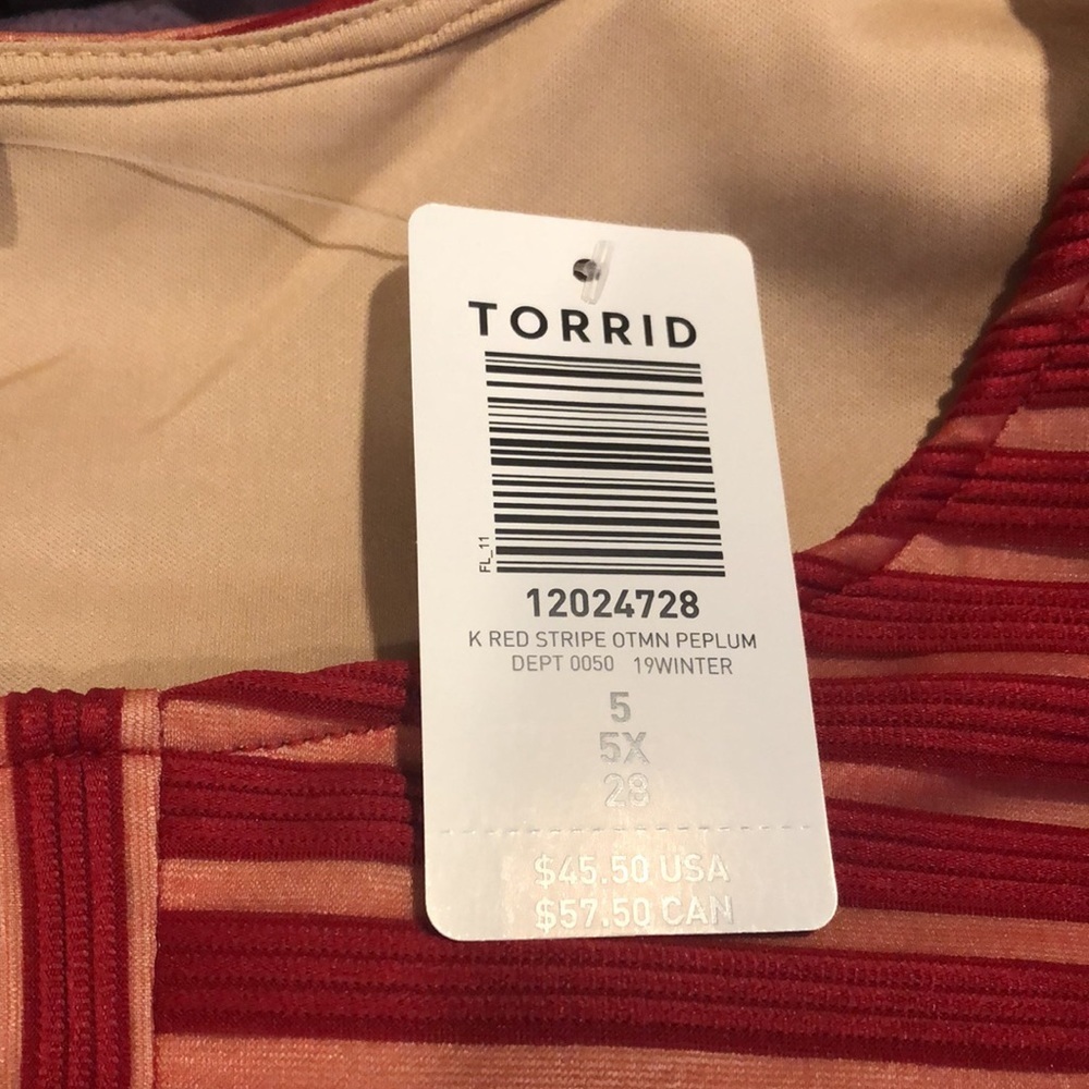🌟HP🌟Torrid Size 5X DARK RED SHADOW STRIPE PEPLUM TOP 🆕 - Picture 6 of 7